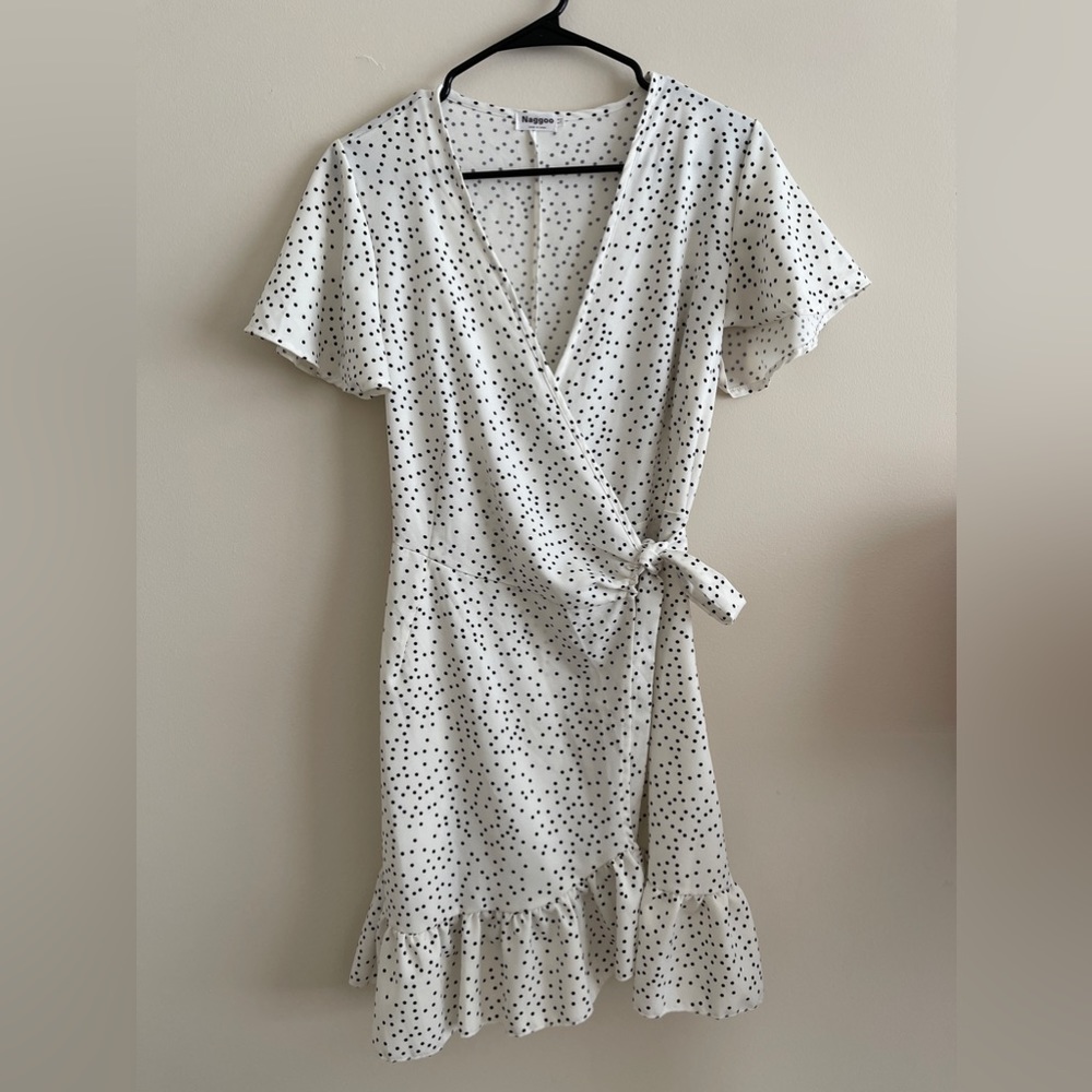 White Polka Dot Ruffle Short Sleeve Mini Dress